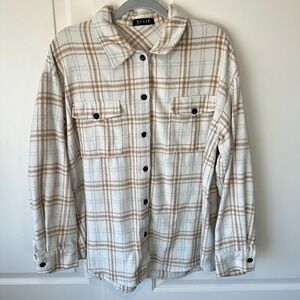 EFAN Plaid Shirt Shacket Oversized Long Sleeve Button Up Cream Neutral Womens L‎
